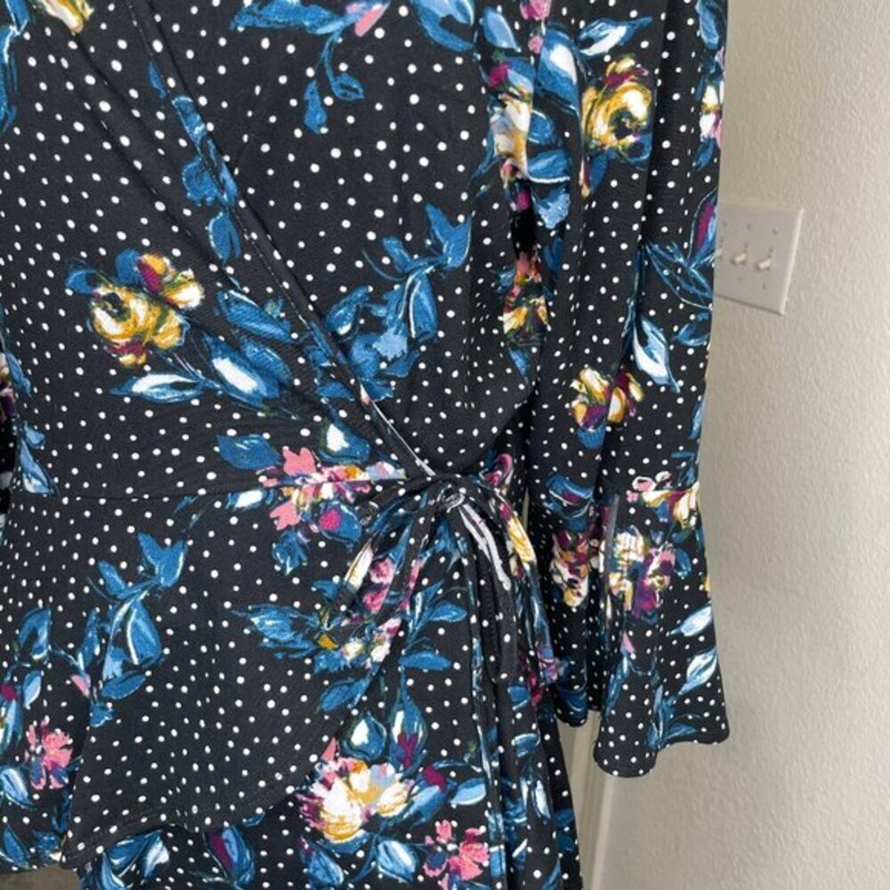 BCX Whimsigoth Floral Polka Dot Wrap Top Bell Sleeve Size Large - Picture 4 of 8
